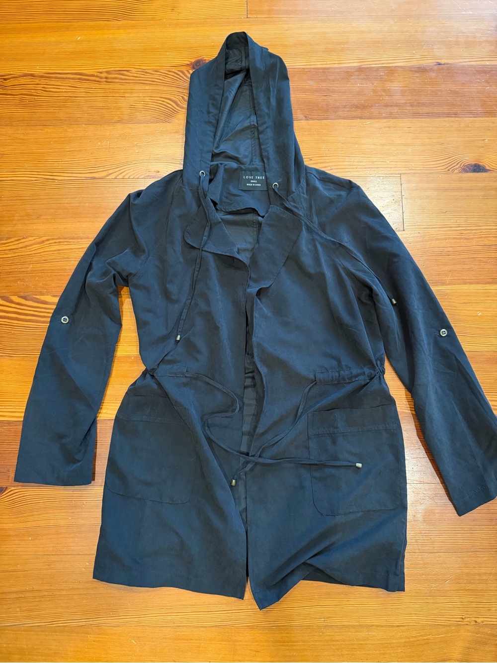 Love Tree Black Hooded Drawstring Bomber Jacket